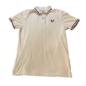 True‎ Religion Polo Shirt Mens Medium Cream Black Trim Short Sleeve Logo Golf